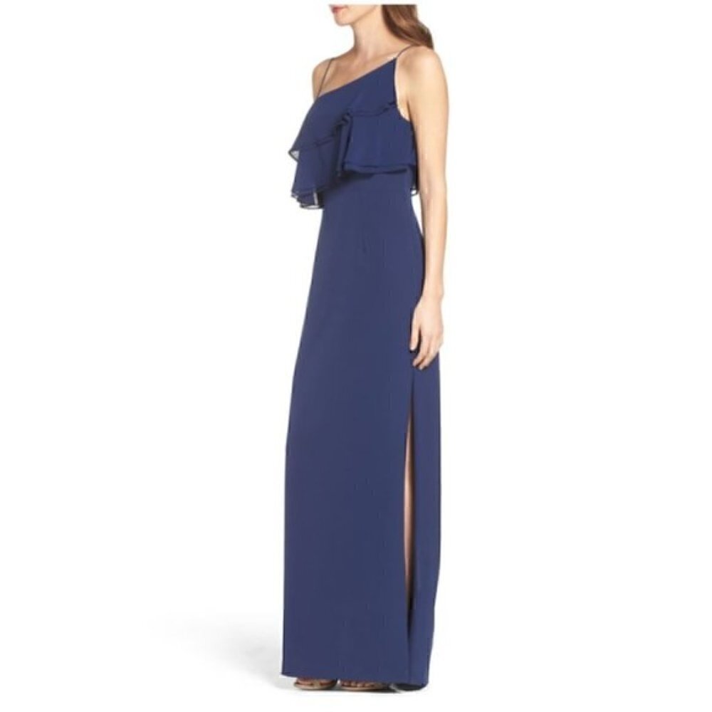 Aidan Mattox Dress 0 NWT Flounce Chiffon Crepe Maxi Slit Navy Blue Wedding Party